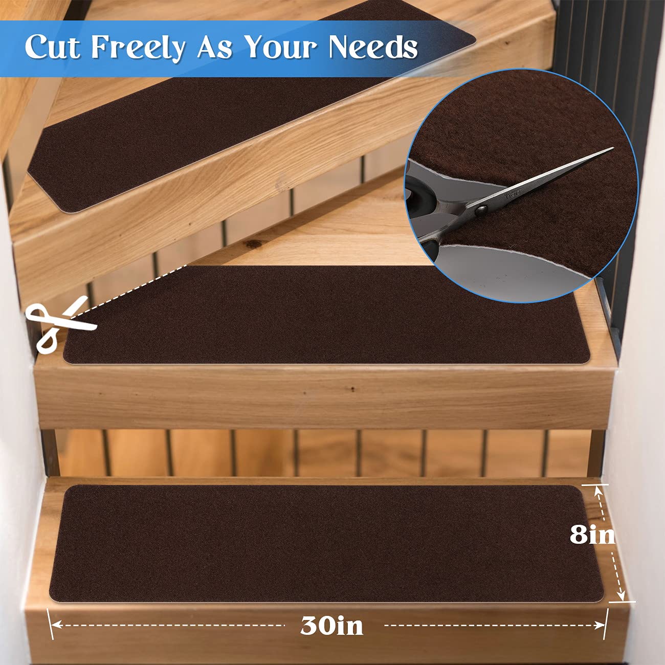 RIOLAND Non-Slip Stair Treads Carpet Indoor 14 Pack Stair Rugs for Wooden Steps Anti Moving Stair Runners Safety for Dogs Elders and Kids, 8” x 30”, Coffee Brown