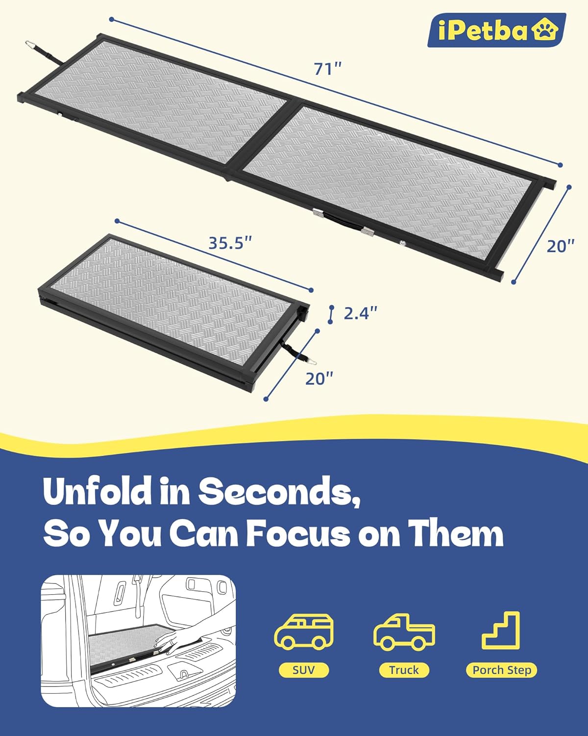 Dog Ramp for Bed & Couch for Small & Medium Dogs - Joint-Friendly, Anti-Slip, Adjustable, Odor-Free, Up to 70 lbs