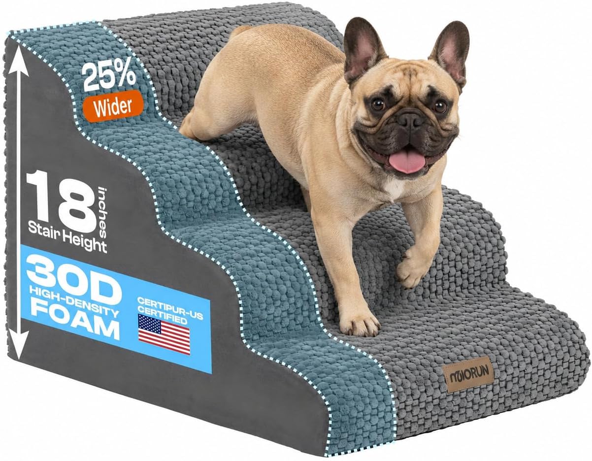Extra Wide 4-Step Dog Stairs for Bed & Couch 18" H, More Stable Non-Slip Pet Steps with Balanced Foam Structure and Gentle Slopes, Stylish Indoor Dog Steps for Small & Medium Dogs, Gray