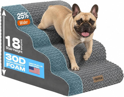 Extra Wide 4-Step Dog Stairs for Bed & Couch 18" H, More Stable Non-Slip Pet Steps with Balanced Foam Structure and Gentle Slopes, Stylish Indoor Dog Steps for Small & Medium Dogs, Gray