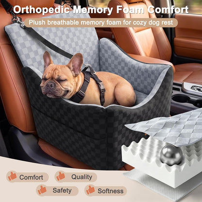 JOEJOY Elevated Dog Car Seat for Small/Medium Dogs up to 35 lbs, Memory Foam Booster Seat with Detachable Washable Cover, Travel-Safe Car Bed with Safety Belts & Storage Pockets, Grey