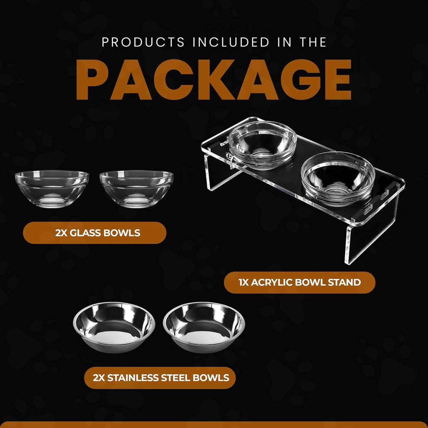 Elevated Dog & Cat Bowls – 3.75” Acrylic Raised Pet Feeder Stand with 2 Stainless Steel & 2 Glass Bowls – Food & Water Dish Set for Puppy/Small Dogs & Cats