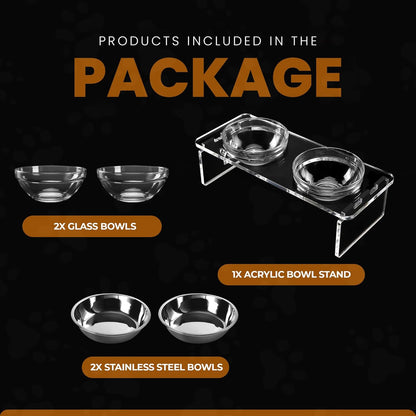 Elevated Dog & Cat Bowls – 3.75” Acrylic Raised Pet Feeder Stand with 2 Stainless Steel & 2 Glass Bowls – Food & Water Dish Set for Puppy/Small Dogs & Cats