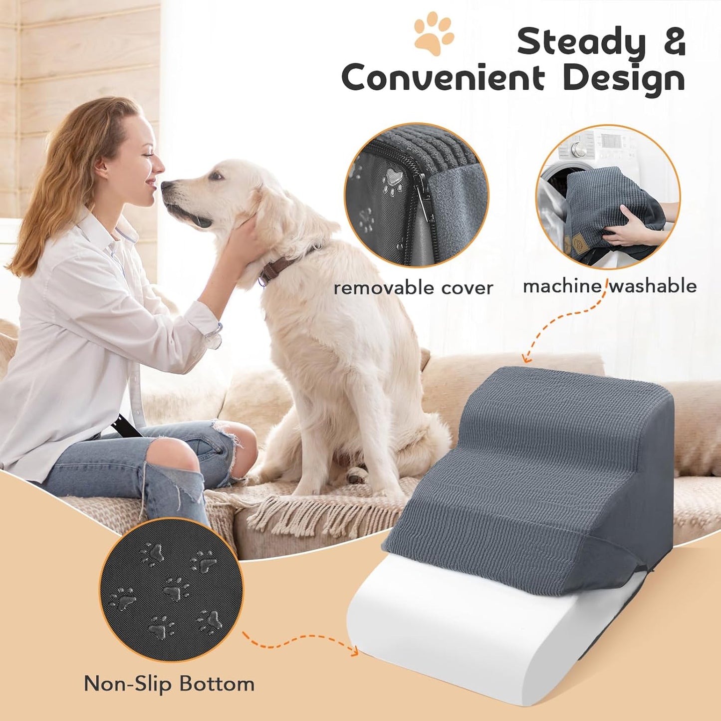 Mestuel 2-Tiers Extended Dog Stairs Steps for Couch Sofa, Dog Stairs for Small Dogs, Pet Stairs Ramp Ladder Friendly to Small Old Joint Injury Dogs Cats,Non-Slip & Washable,Blue