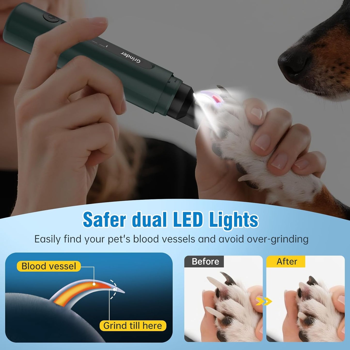 Dog Nail Grinder, 7-Speed Pet Nail Trimmer with LED Light & Sponge Dust Collector, Quiet and Low-Vibration, Painless Paws Grooming for Large Medium Small Dogs, Include Storage Bag