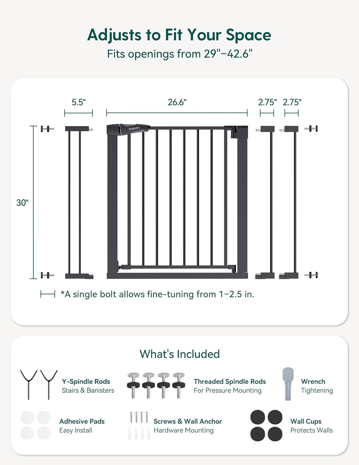 Babelio 29-55 Inch Extra Wide Baby/Dog Gate, PressGuard P7, Metal Auto Close, Pressure Mounted Pet Door for Doorways, NO Need Tools and Drilling, with Wall Cups, White
