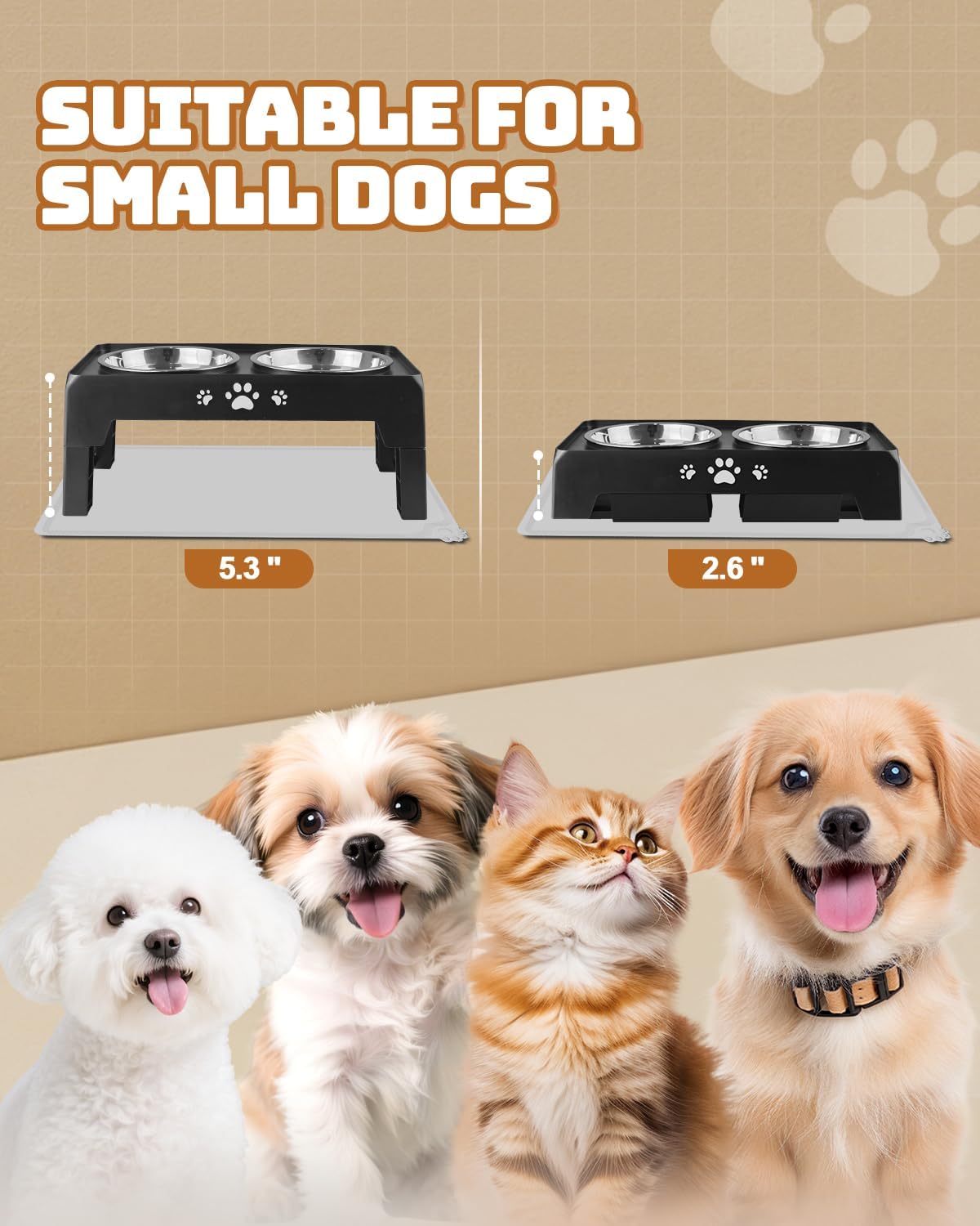 Jovrun Elevated Dog Bowls for Small Dogs and Cats, Non-Slip Cat Bowls with 2 Thick 5.5" Stainless Steel Dishes, Dog Feeder 2 Heights Adjustable to 2.6"-5.3"