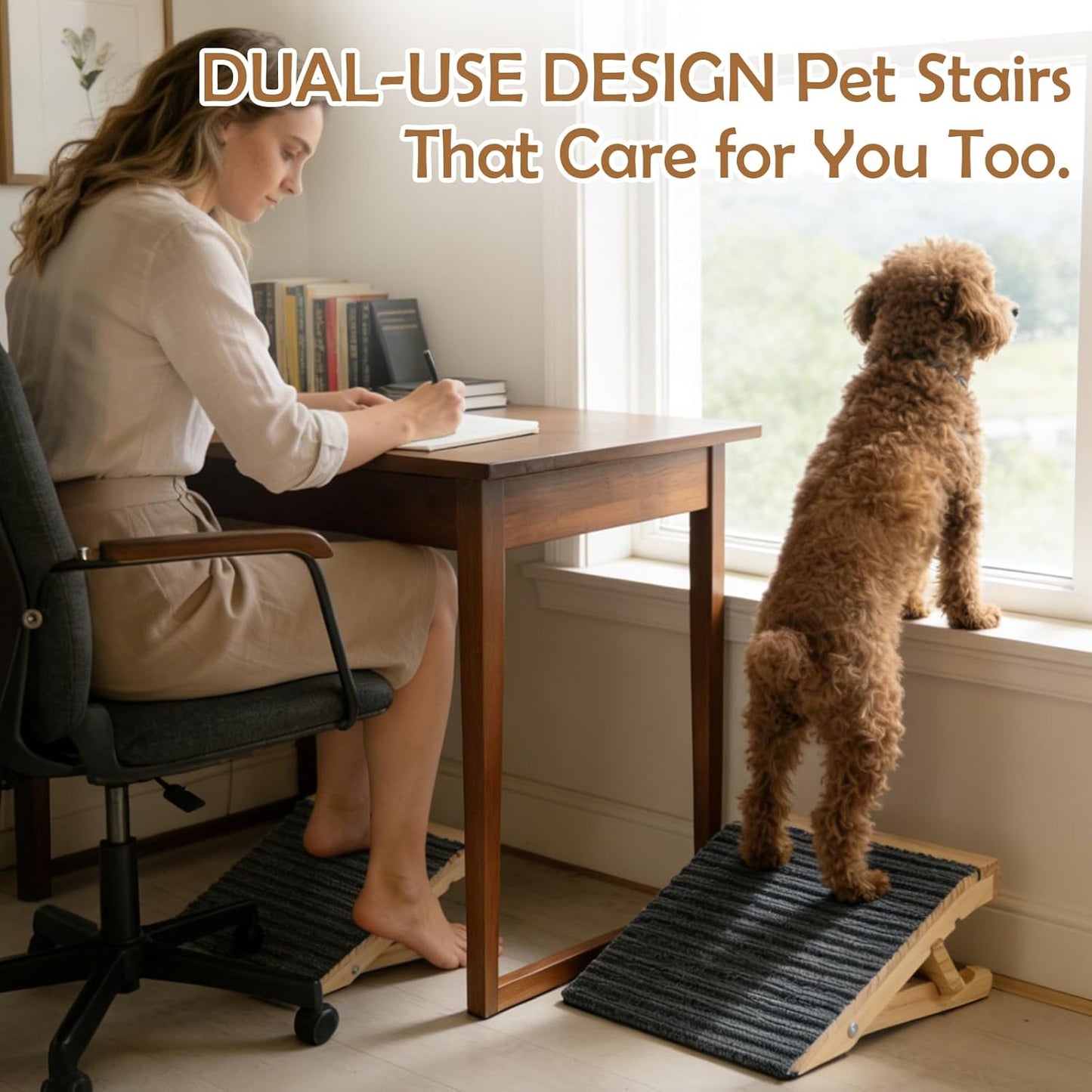 Dog Ramp for Stairs 2 Pack - Adjustable Solid Wood Foldable Indoor Pet Ramp for Senior & Injured Dogs, 2 Heights (4.2"/5.1"), Triangular Support & Non-Slip Carpet for Patio/Home, No Assembly (15.7"L)