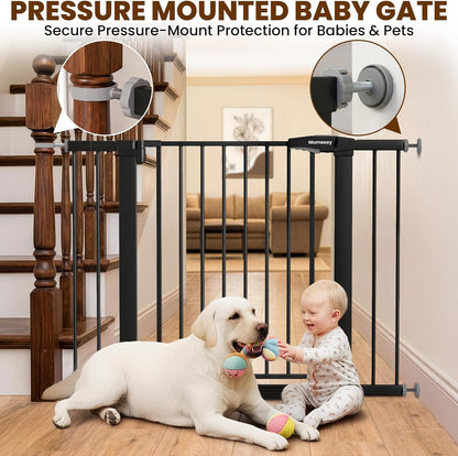 Mumeasy 29.7-46" Baby Gate for Stairs, Pressure Mounted Dog Gate for Doorways, Auto Close Walk Through Pet Gate Indoor, Extra Wide Metal Child Safety Gate, Mom's Choice Awards Winner, Black