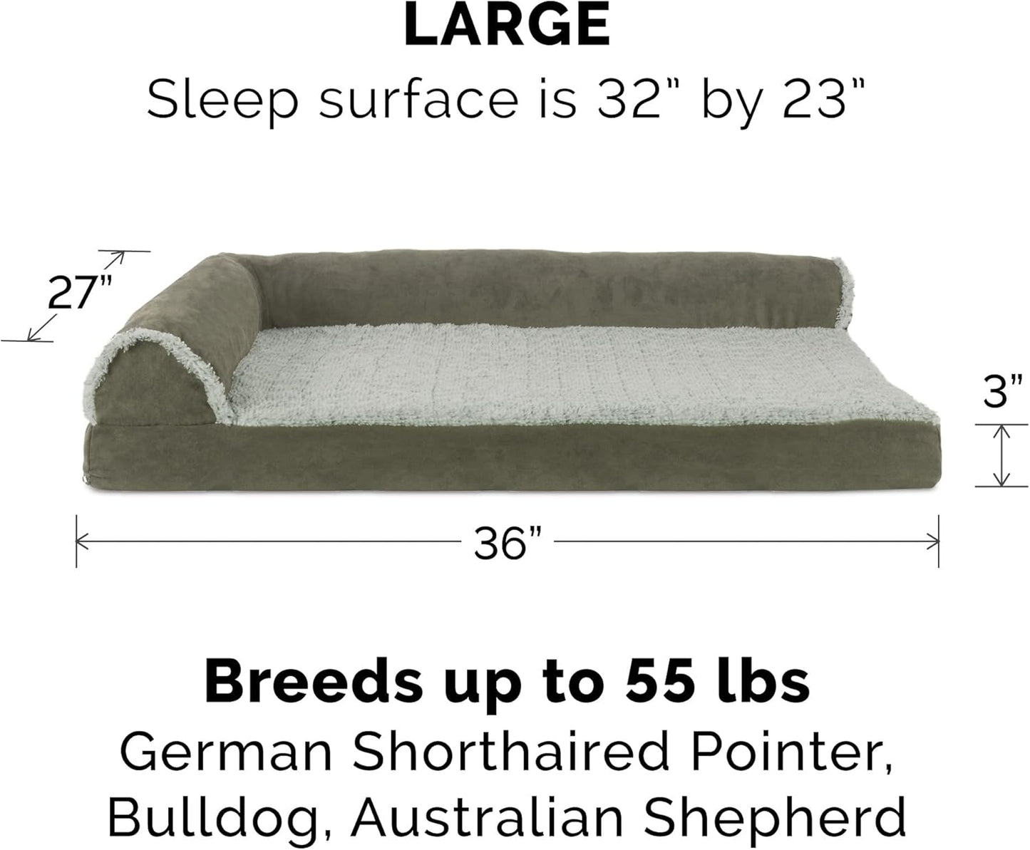 Furhaven Memory Foam Dog Bed for Large Dogs w/ Removable Bolsters & Washable Cover, For Dogs Up to 95 lbs - Two-Tone Plush Faux Fur & Suede L Shaped Chaise - Espresso, Jumbo/XL