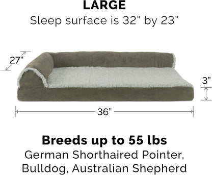Furhaven Memory Foam Dog Bed for Large Dogs w/ Removable Bolsters & Washable Cover, For Dogs Up to 95 lbs - Two-Tone Plush Faux Fur & Suede L Shaped Chaise - Espresso, Jumbo/XL