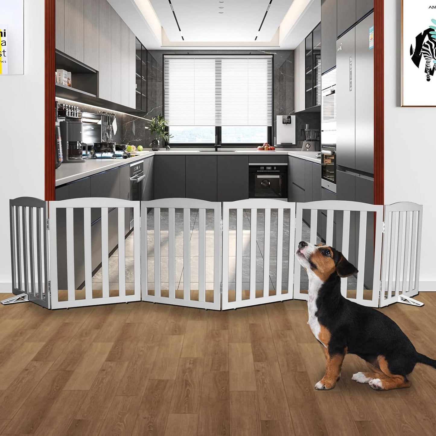 Freestanding Dog Gate Indoor,Doggie Gate Foldable Pet Gates for Doorways,Stairs or Hallways, Wooden Brown Pet Gate for the House, Pet Fence with Support Feet Included,24 "Height-3 Panels
