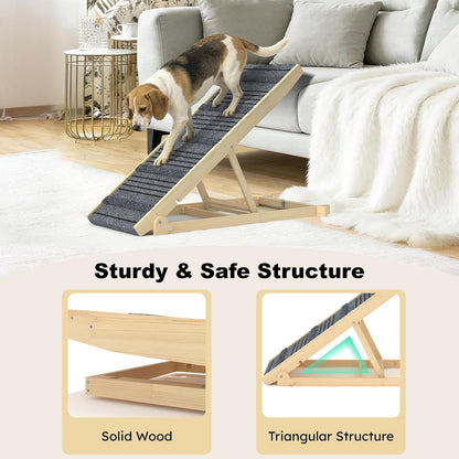 TIMHAKA Dog Ramp for Bed, 40 Inch Dog Ramp for Couch, Supports Up to 150lbs, with 10.2" to 26.8" 7 Height Setting, Non Slip Carpet Surface and Foot Pads, Wooden Folding Pet Ramps for High Bed, Sofa
