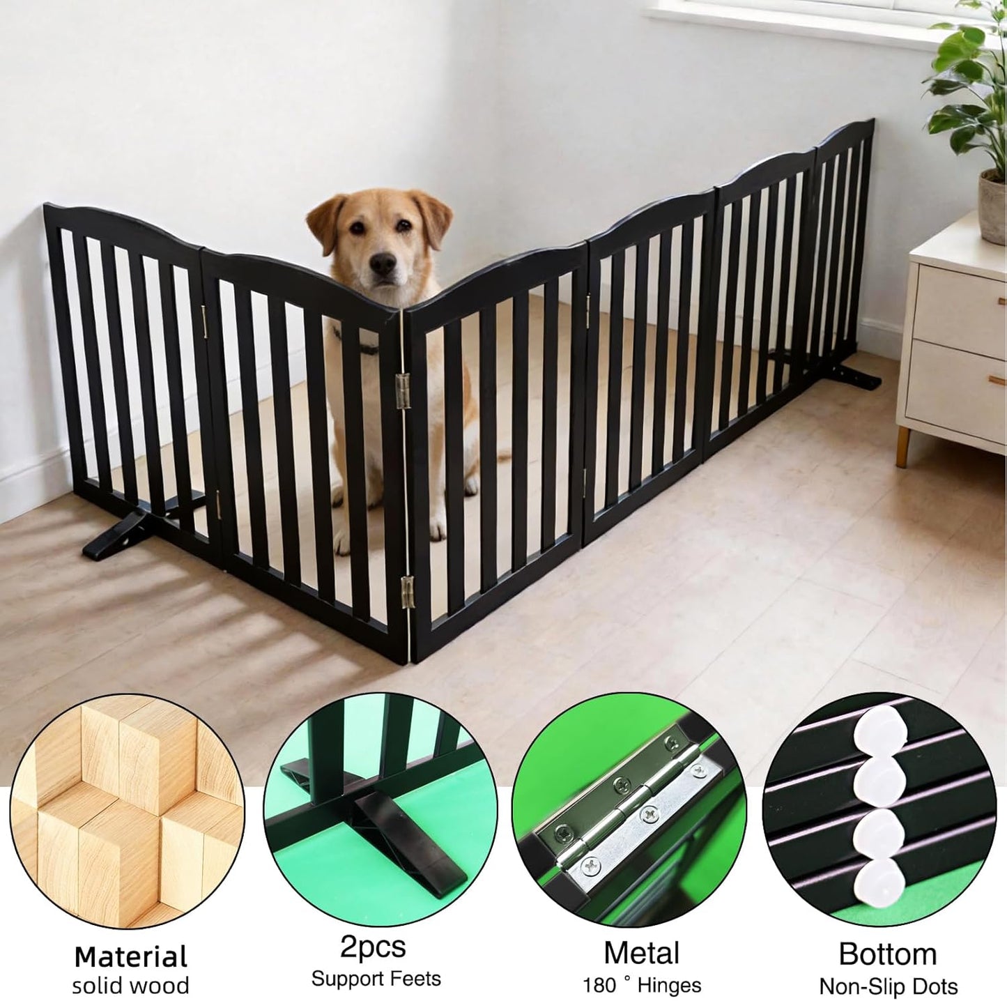 Freestanding Dog Gate Indoor,Doggie Gate Foldable Pet Gates for Doorways,Stairs or Hallways, Wooden Brown Pet Gate for the House, Pet Fence with Support Feet Included,24 "Height-3 Panels
