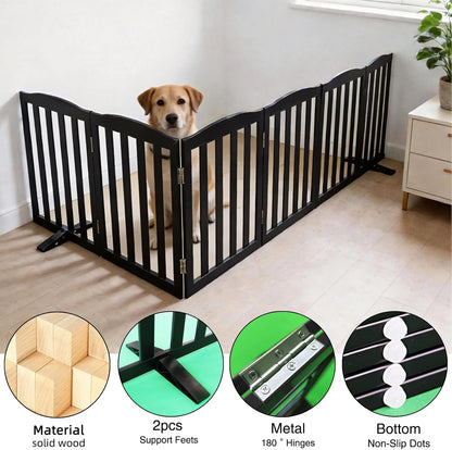 Freestanding Dog Gate Indoor,Doggie Gate Foldable Pet Gates for Doorways,Stairs or Hallways, Wooden Brown Pet Gate for the House, Pet Fence with Support Feet Included,24 "Height-3 Panels