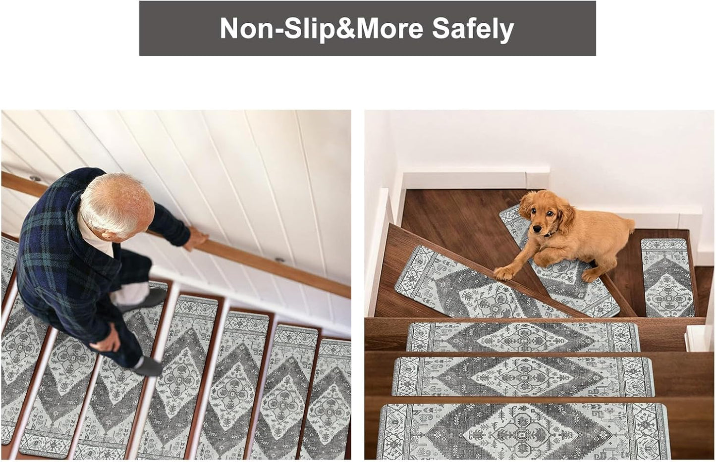 OJIA Non-Slip Carpet Stair Treads for Wooden Steps Set of 15, 30''X8'' Indoor Runner Resistant Rugs Rubber Safety Mats for Dogs, Kids & Elders, Stairway Grip