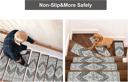 OJIA Non-Slip Carpet Stair Treads for Wooden Steps Set of 15, 30''X8'' Indoor Runner Resistant Rugs Rubber Safety Mats for Dogs, Kids & Elders, Stairway Grip