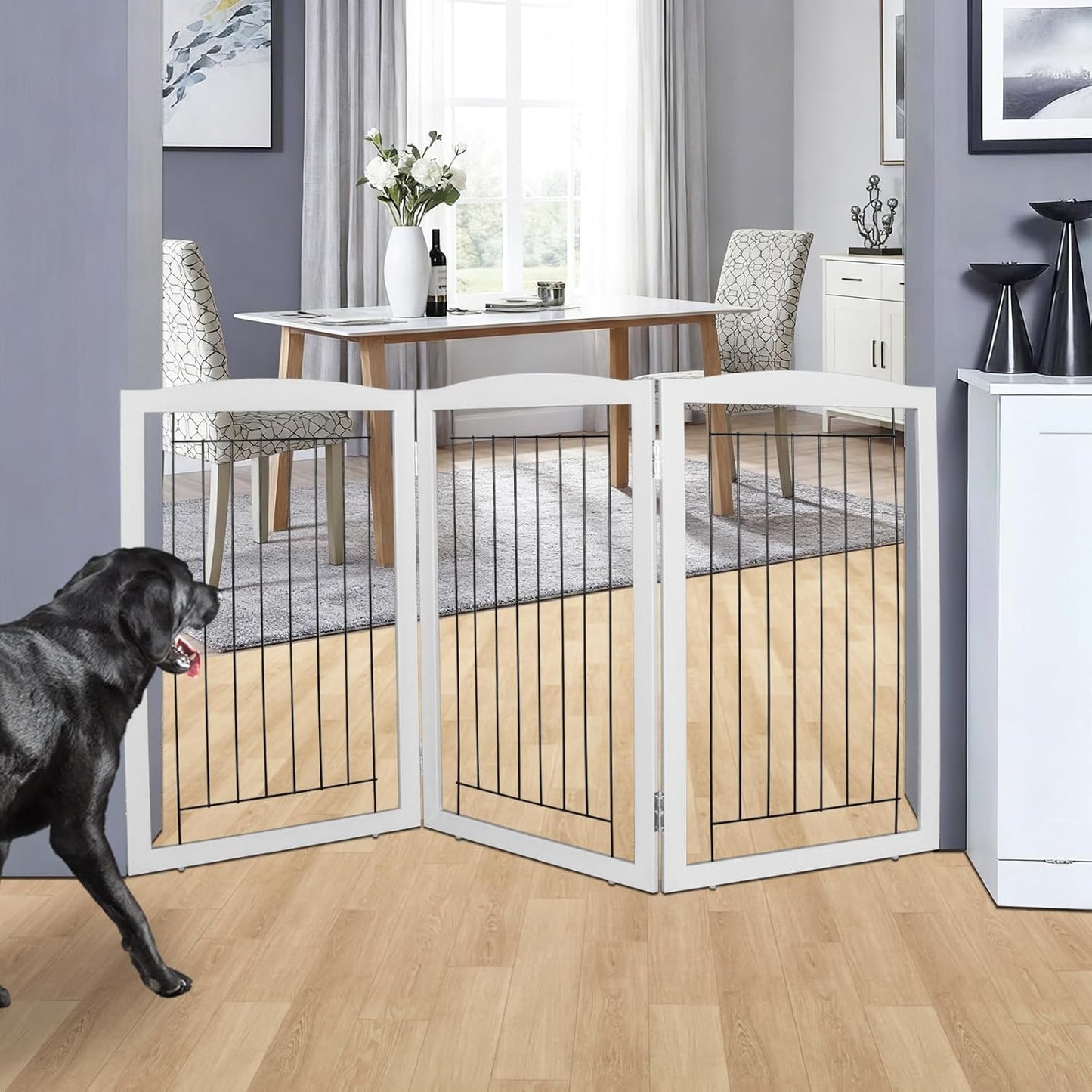 ZJSF Freestanding Foldable Dog Gate for House Extra Wide Wooden White Indoor Puppy Gate Stairs Doorways Pet Gate Tall Dog Fence 3 Panels Fence