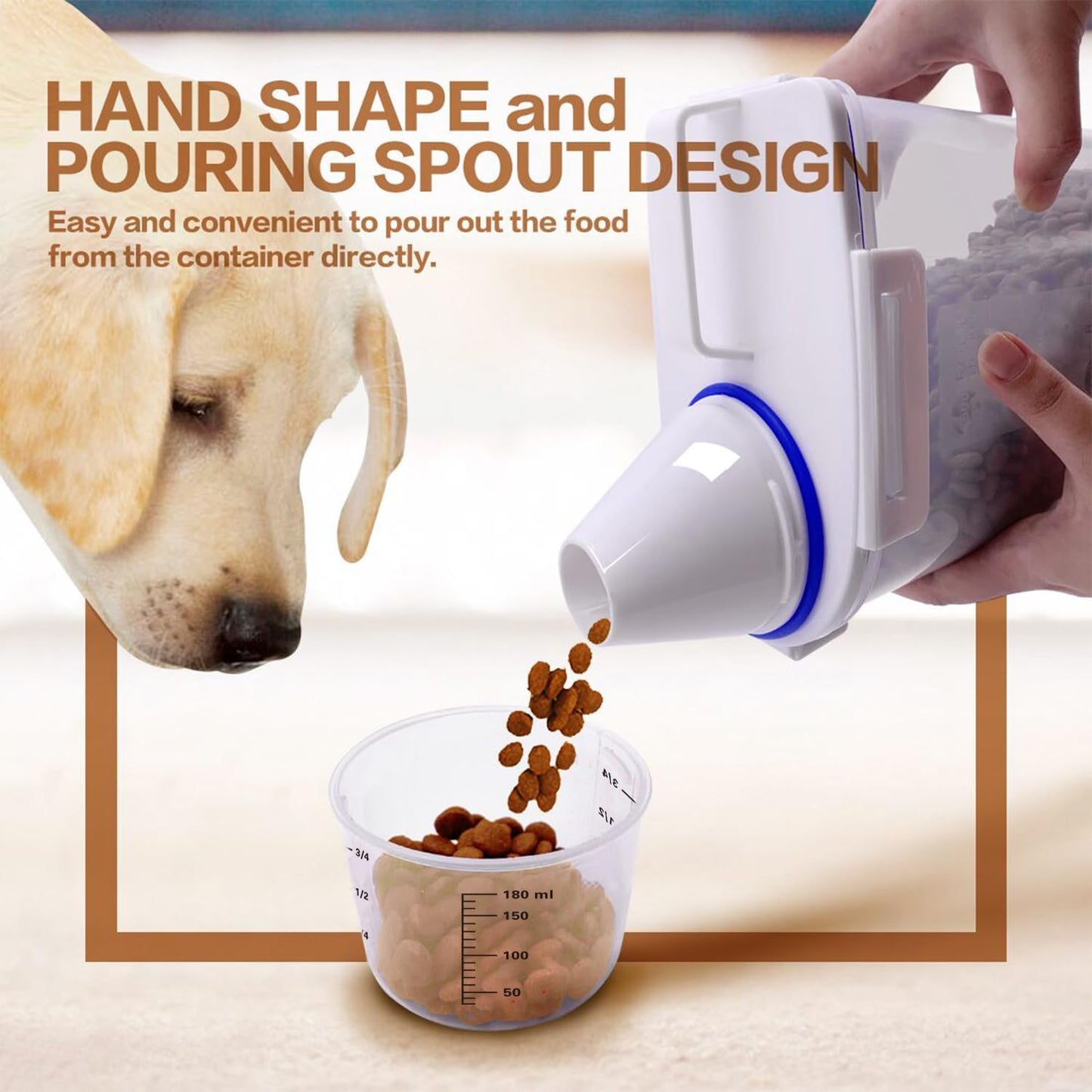 TIOVERY Dog Food Storage Container, 5-7 Lbs Airtight Pet Food Container, Cat Food Container Dispenser Plastic Bin with Pouring Spout, Portable Handle and a Collapsible bowl for Dogs Cats Grey/6Qt