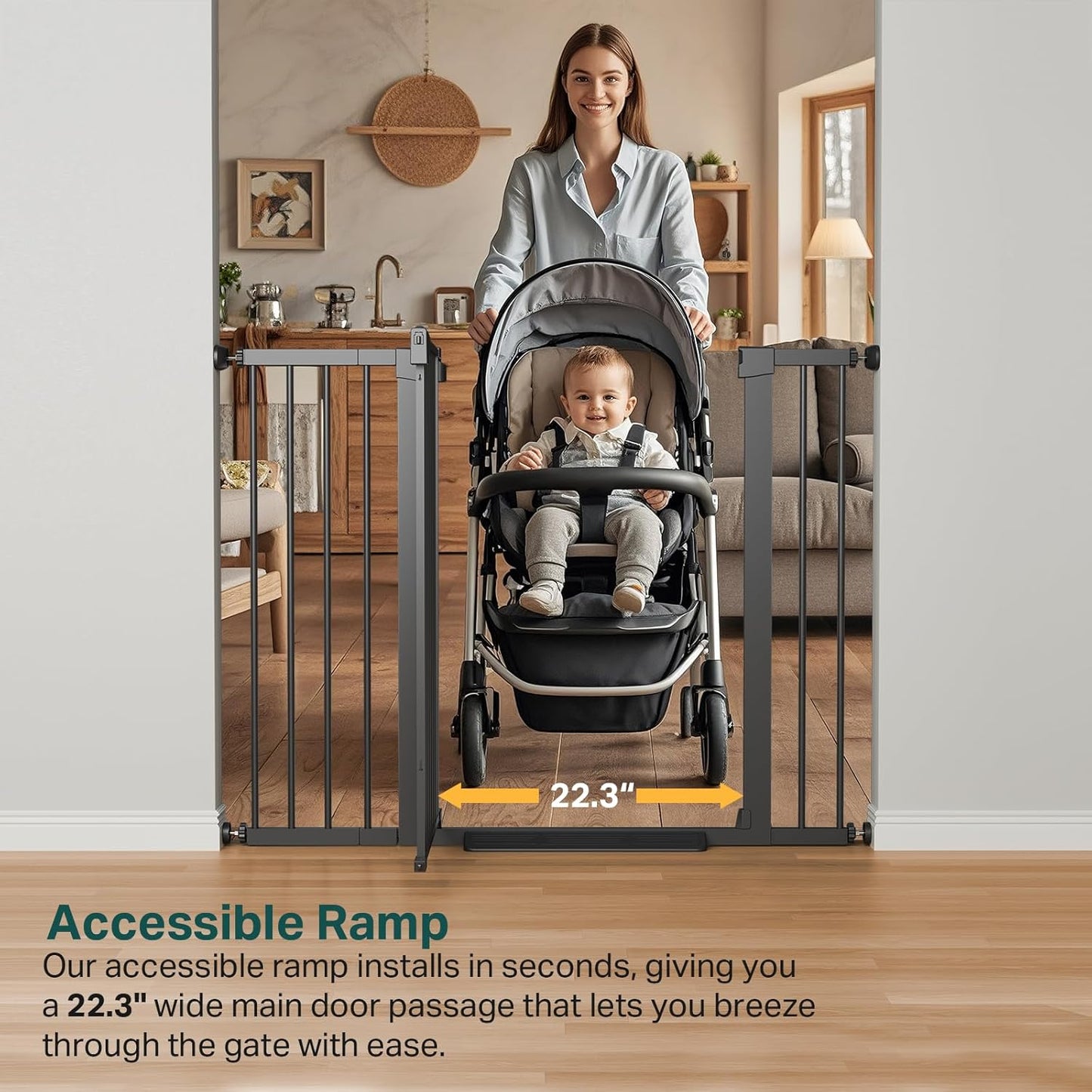 Cumbor 36.6-64" Extra Wide Baby Gate for Stairs, Dog Gates for Doorways, Auto-Close Pet Gate Indoor, Pressure Mounted Walk Through Safety Child Gate for Kids Toddler, Tall Pet Puppy Fence Gate, Brown