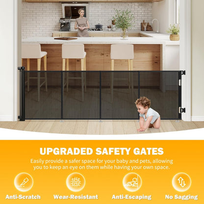 47” Extra Tall Retractable Baby Gate, Reinforced Mesh Dog Gate Extends to 71" Wide, Baby Gate for Stairs, Doorways, Hallways, Indoor and Outdoor, Black