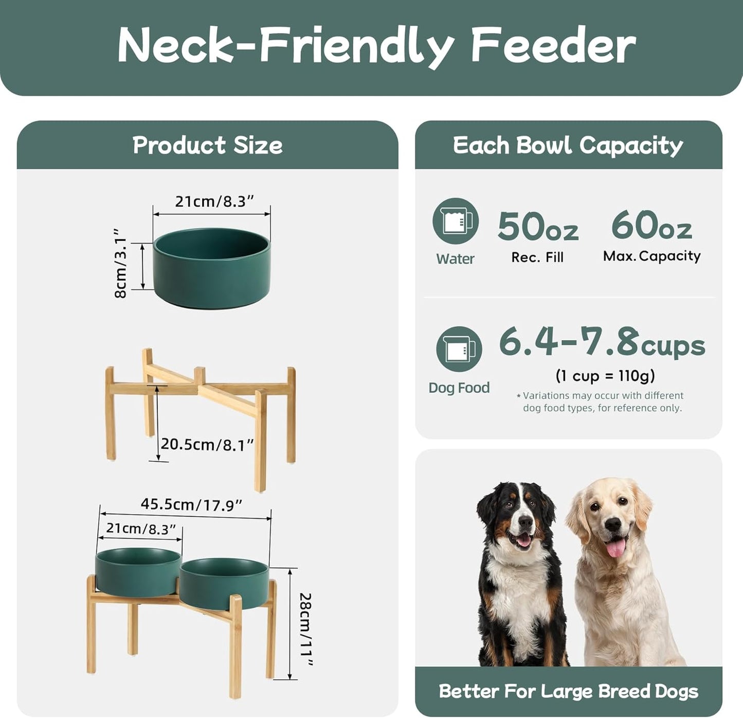 Havniva 8.3” Dog Bowls Elevated Ceramic Dog Food and Water Bowl, Raised Dog Water Bowl with Stand Non-Slip Rubber Base Large Capacity Feeding Pet Food Bowl for Large Dogs