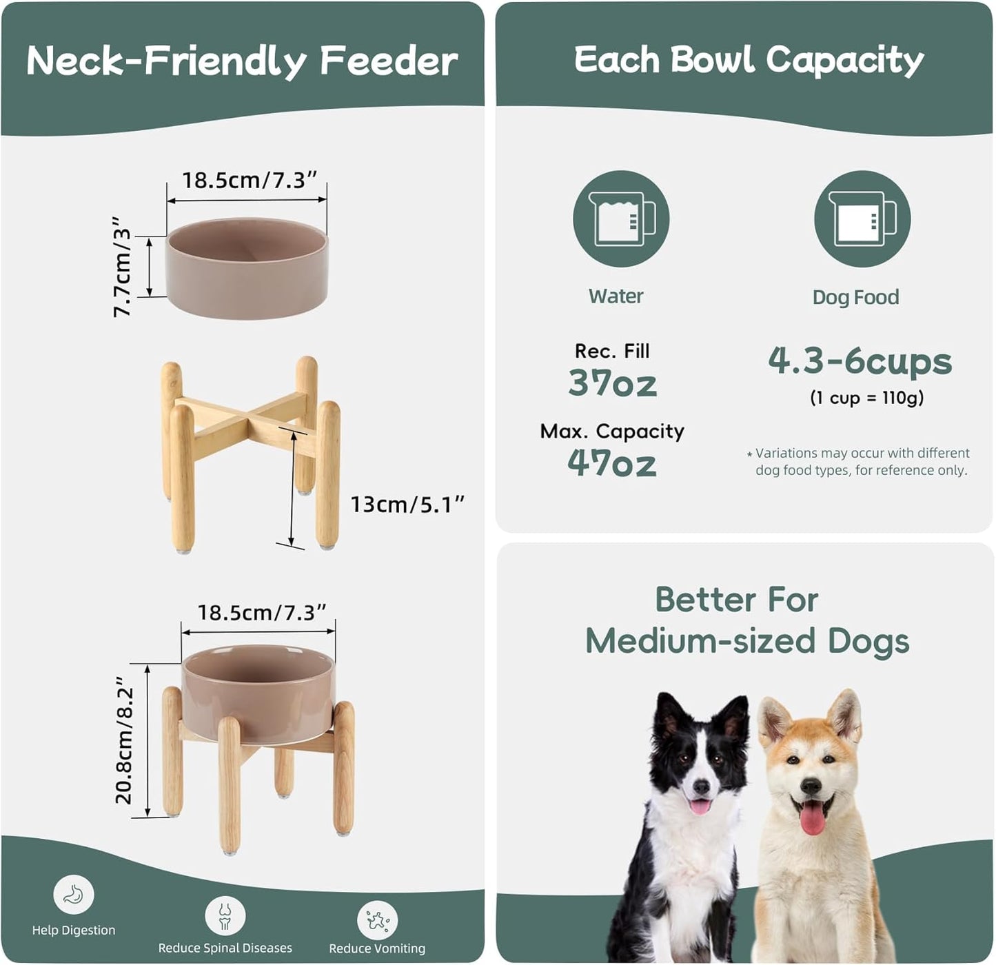 Havniva 8.3inch Ceramic Raised Dog Bowl with Stand, Elevated Dog Bowls for Large Breed Dog Food and Water Bowl Non-Slip Dog Dish Large Capacity Feeding Pet Water Bowl