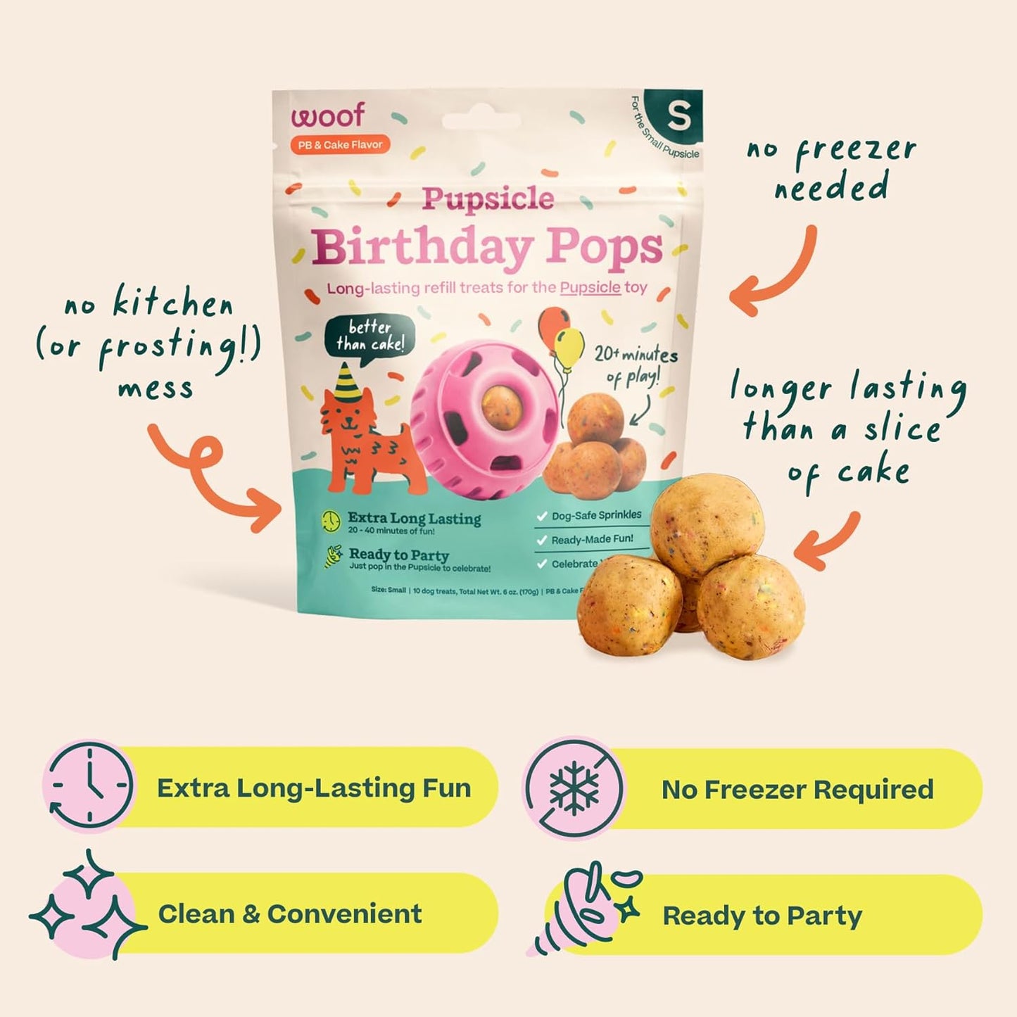 WOOF Pupsicle Refill Pops - Low-Mess Dog Snacks - with Peanut Butter and Beef - Dog Treats - Long Lasting - Large Pops - 7 Count