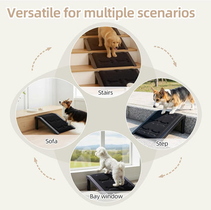 Dog Ramp for Stairs – Non-Slip Pet Ramp for Small, Short-Legged & Senior Dogs – Sponge Padding Surface + 200-lb Heavy-Duty Metal Frame – Small Dogs Climb Safely – Indoor/Outdoor Steps (Bone-（2-Pack)