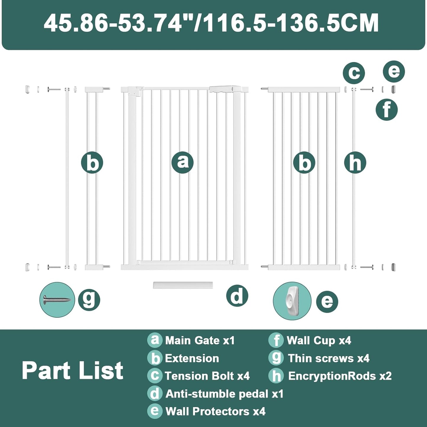 AiWMGL 40.55" Tall, 53.74-61.61 Inch Wide, 1.37" Ultra Narrow Spacing Dog Pet Baby Gate Indoor for Doorway Hallway, Pressure Mounted 54 55 56 57 58 59 60 61 Inches Wide