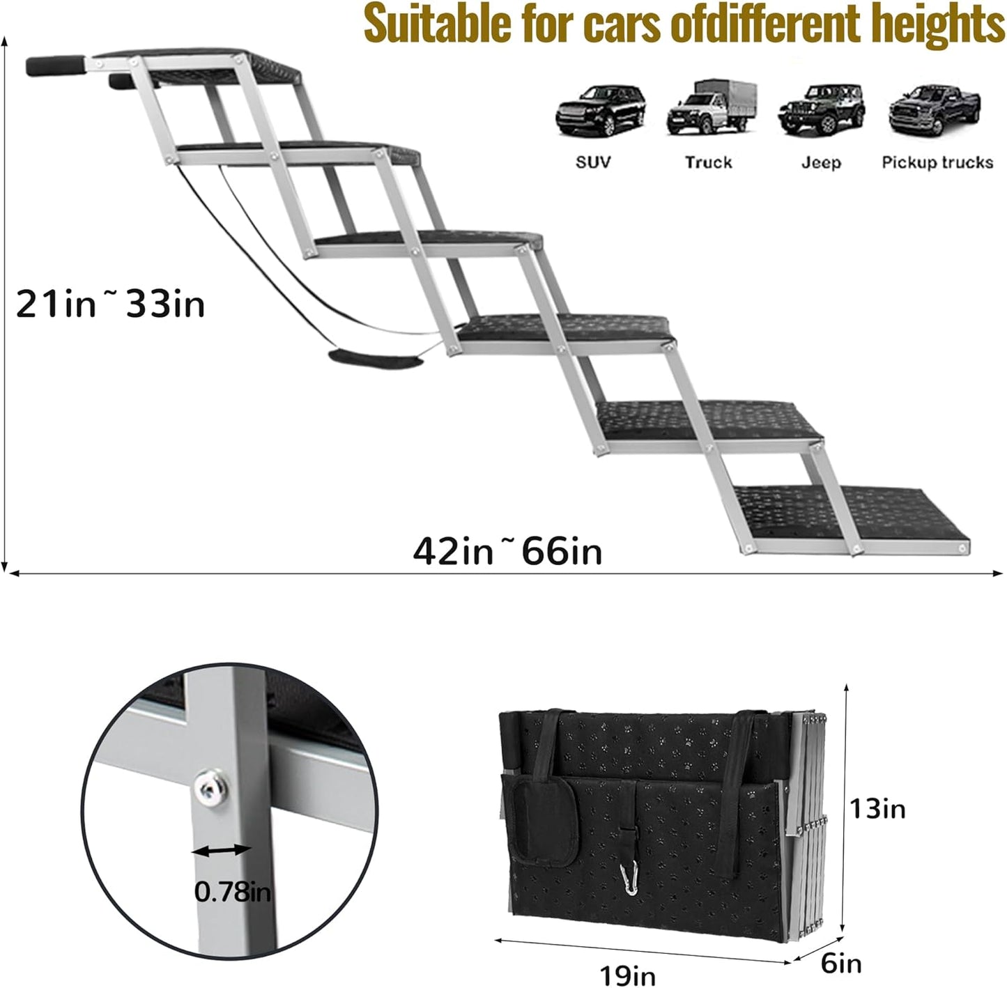 Dog Stairs for Car - Foldable Dog Ramps for Large Dogs with Non Slip Surface, Portable Dog Steps for Cars and SUV, Truck, Support Up to 200 Lbs