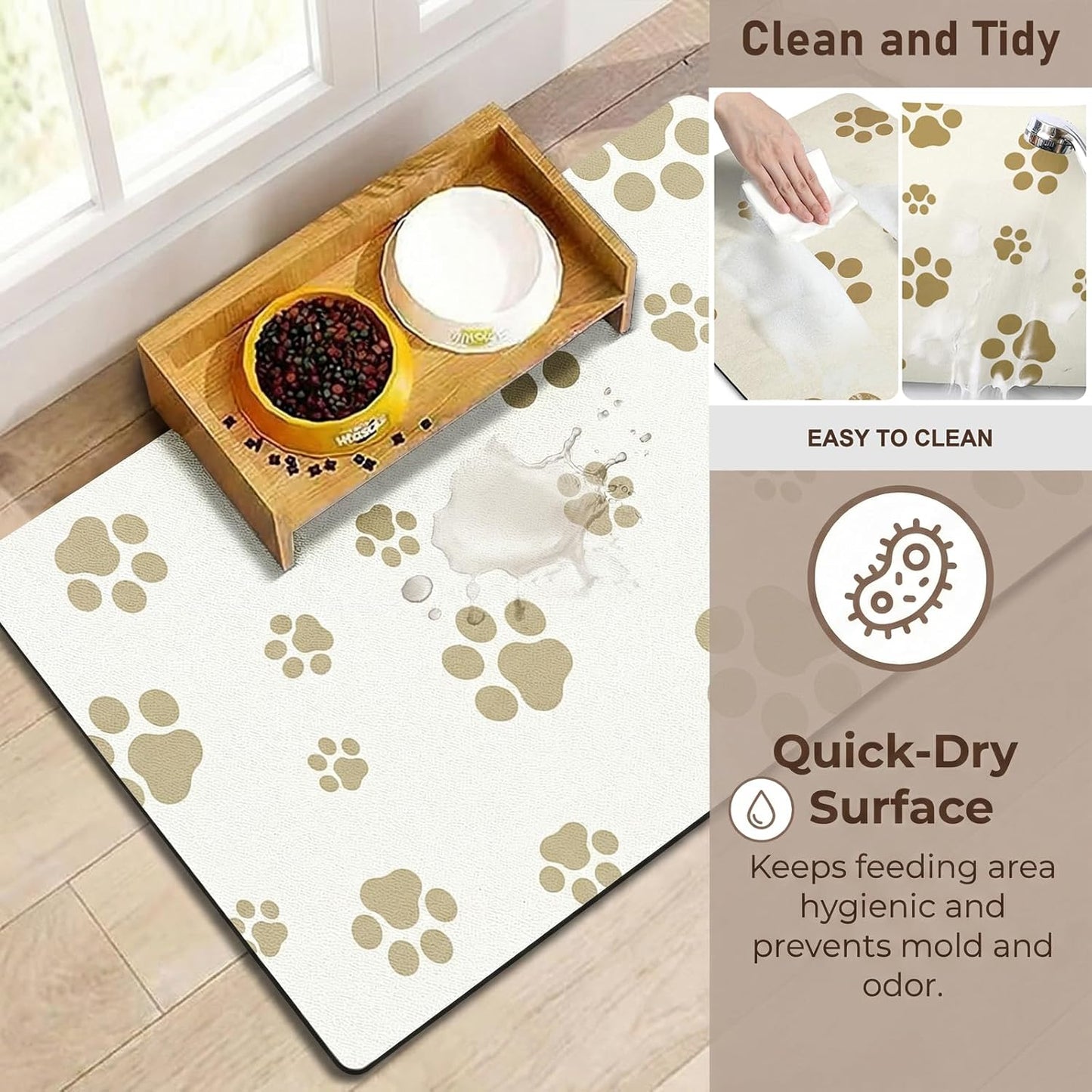 18"×30" Dog Food Mat-Absorbent Dog Mat for Food and Water, No Stains Quick Dry Cat Food Bowl Mat with Footprints for Messy Drinkers,Dark Grey
