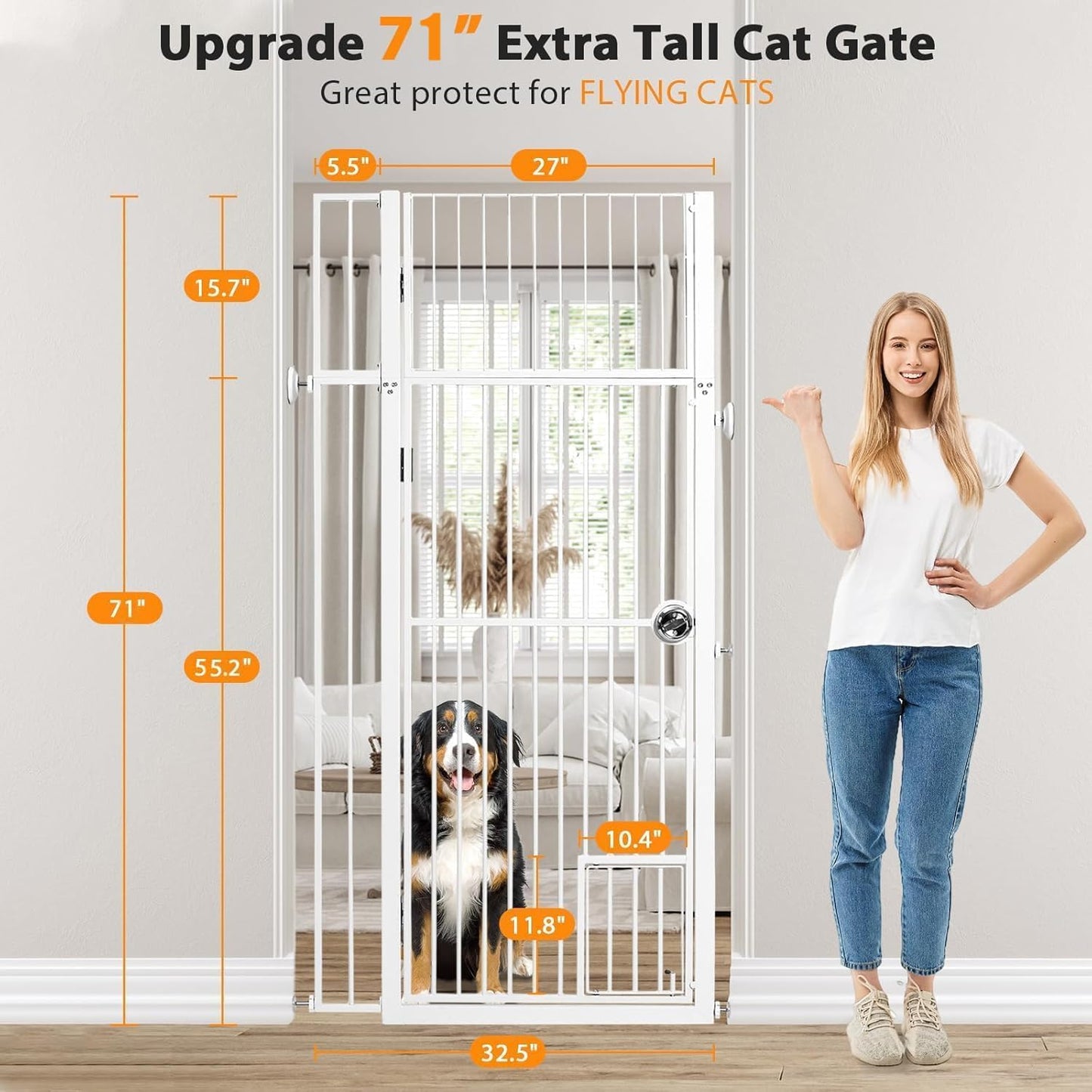 71" Extra Tall Pet Gate with Cat Door, Walk Through Pet Gate Pressure Mounted No Drilling, 28.7"-37.5" Wide, Auto Close Metal Safety Barrier for Stairs Hallway House, White
