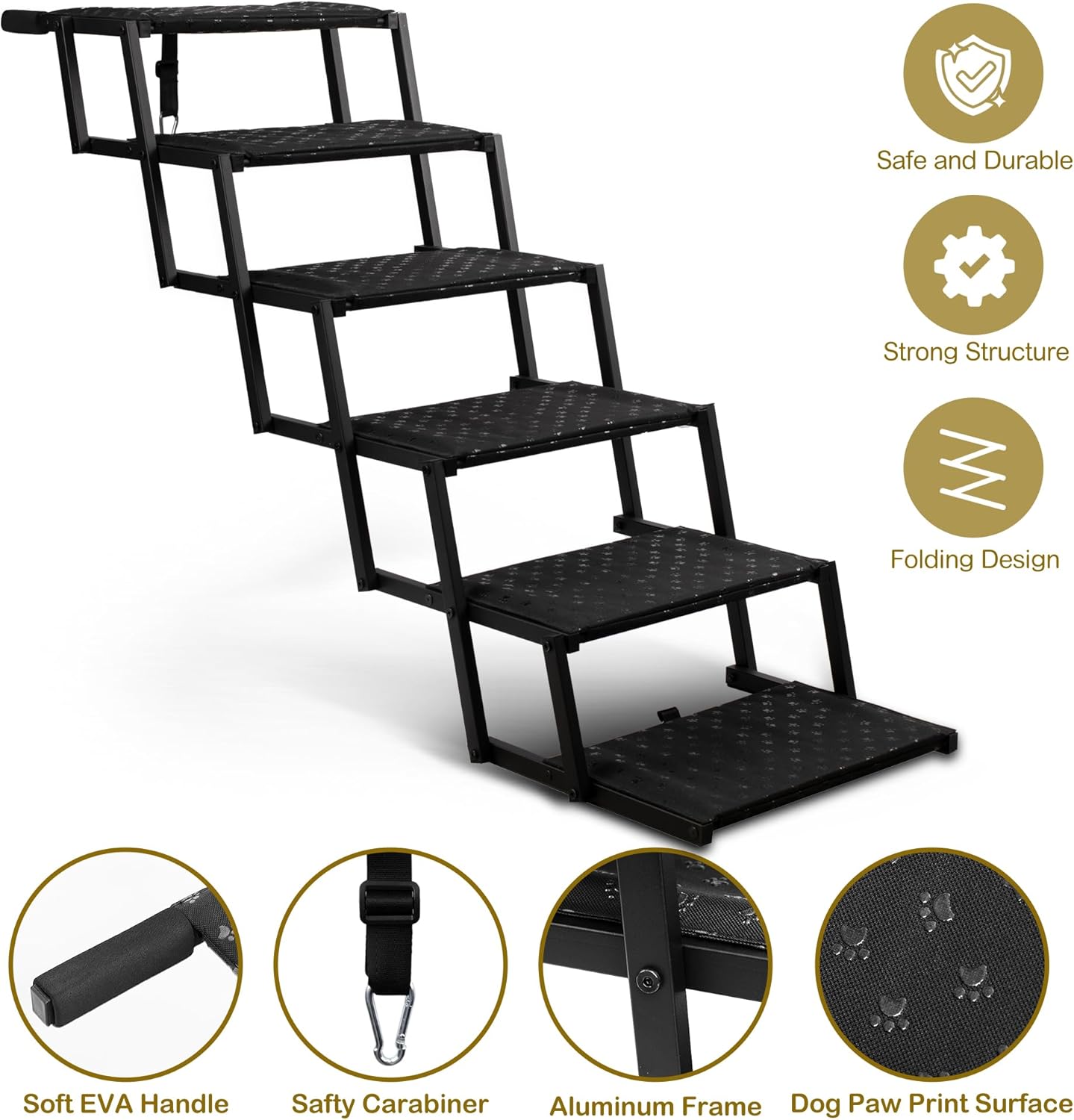 Dog Stairs for Car - Foldable Dog Ramps for Large Dogs with Non Slip Surface, Portable Dog Steps for Cars and SUV, Truck, Support Up to 200 Lbs