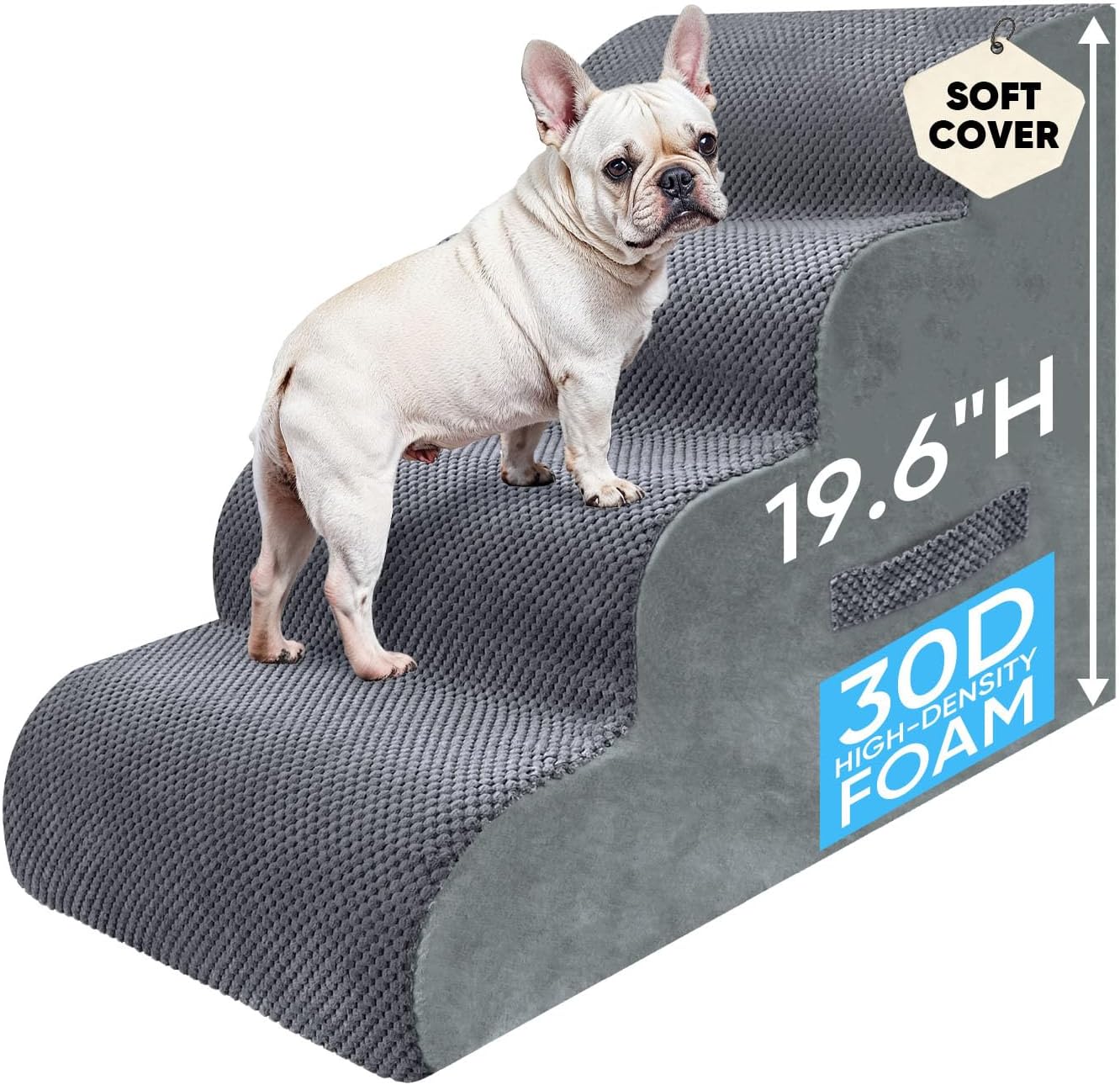 PAWSCRAT Pet Stairs for Dogs 4-Step, 19.6" H Pet Stairs for High Bed, Couch Sofa & Chair, 30D Material Soft Foam Dog Steps with Non-Slip Bottom Surface Removable Washable Cover, Grey