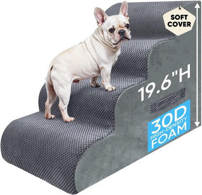 PAWSCRAT Pet Stairs for Dogs 4-Step, 19.6" H Pet Stairs for High Bed, Couch Sofa & Chair, 30D Material Soft Foam Dog Steps with Non-Slip Bottom Surface Removable Washable Cover, Grey