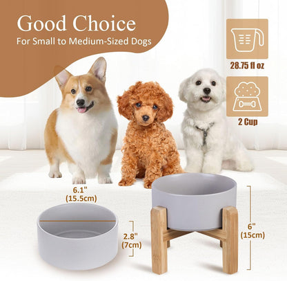Elevated Ceramic Cat Bowl - Cat Food Bowl with Bamboo Stand - Raised Dog Dish for Puppies - Anti Vomiting, Stress Free - 13.5 oz / 400 ml - White