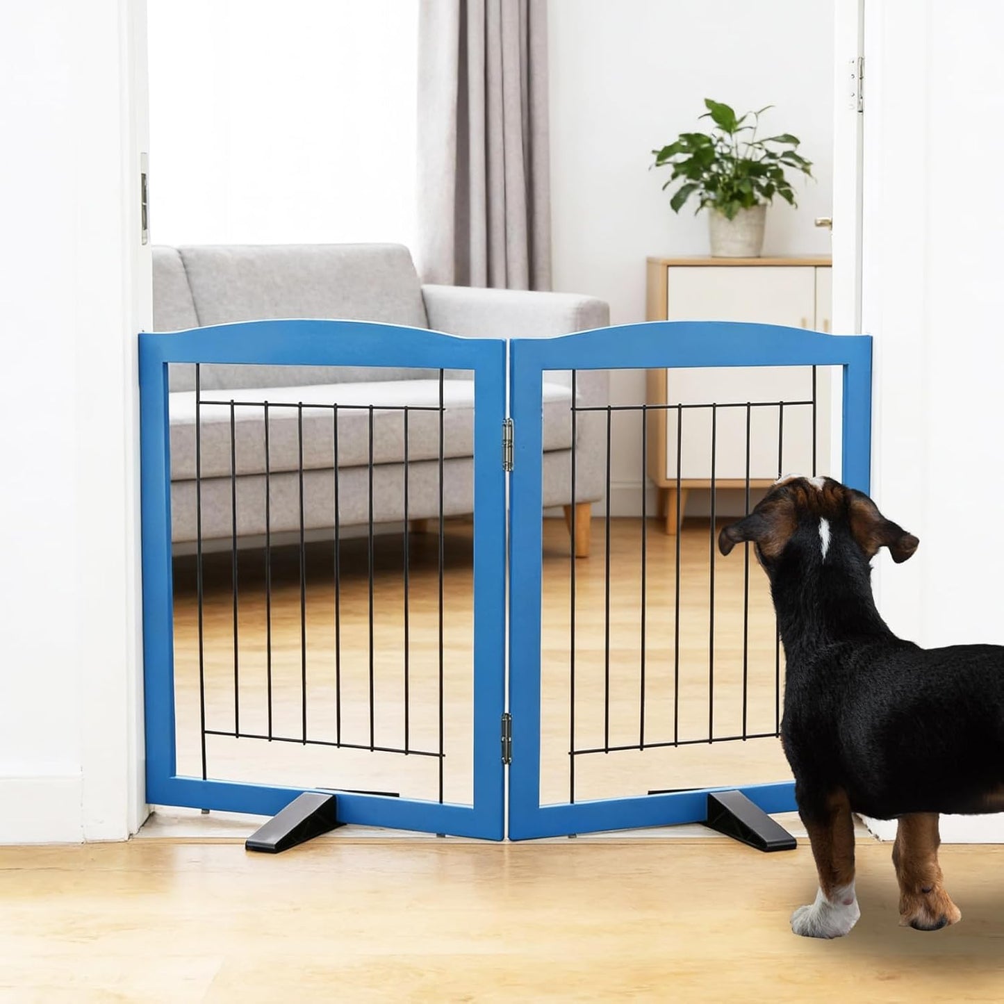 ZJSF Freestanding Dog Fence Indoor, Foldable Dog Gate for Doorways, Stairs or Hallways, Sturdy Wood Extra Wide Pet Gate with Support Feet for The House, White, 24 "Height-3 Panels