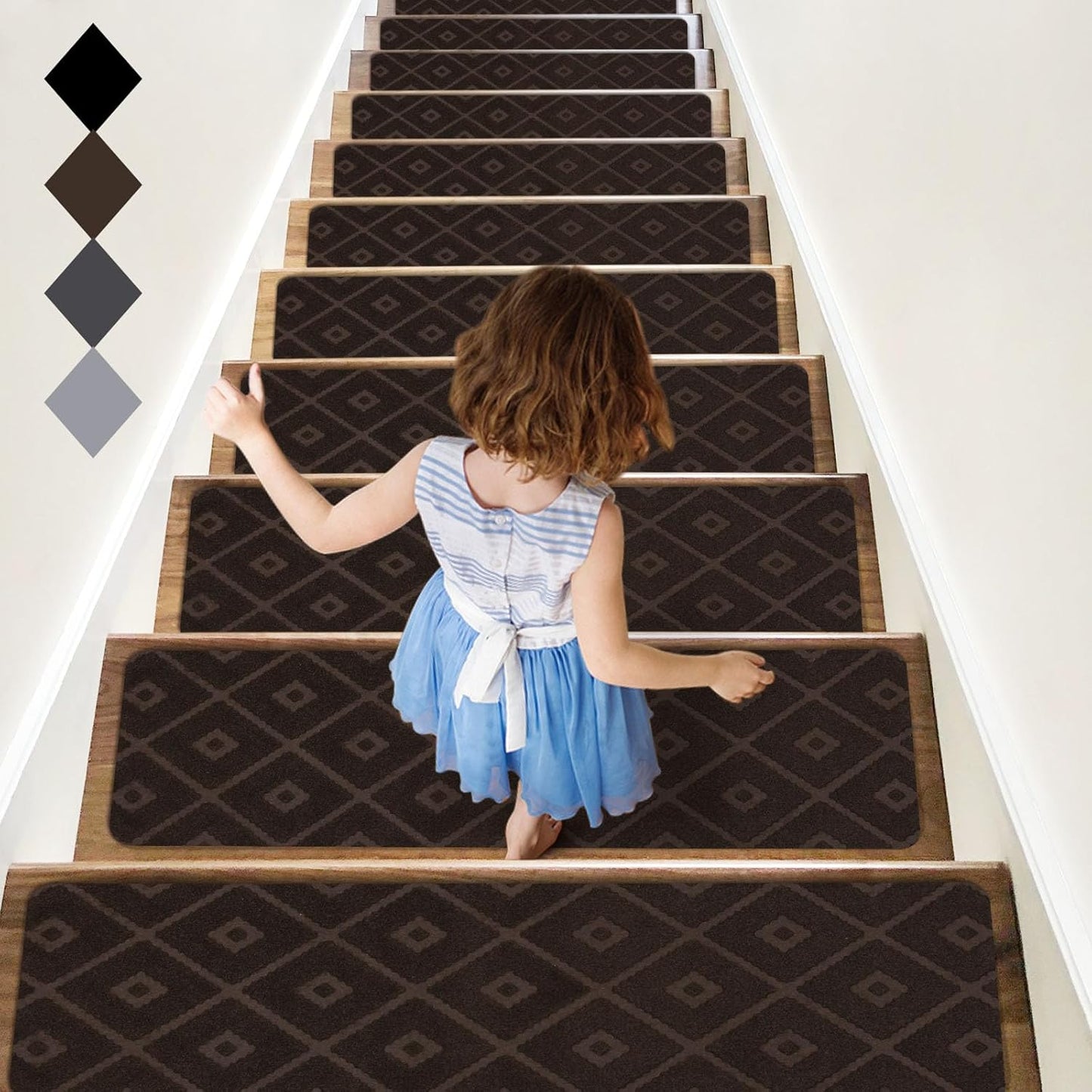 RIOLAND Stair Treads Carpet Non-Slip Indoor 15 PCS Wood Stair Treads Rugs Anti Moving Modern Stair Runners Safety for Kids Dogs, 8" X 30", Diamond Gray