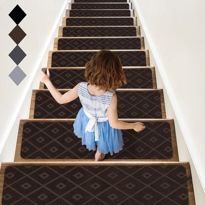 RIOLAND Stair Treads Carpet Non-Slip Indoor 15 PCS Wood Stair Treads Rugs Anti Moving Modern Stair Runners Safety for Kids Dogs, 8" X 30", Diamond Gray