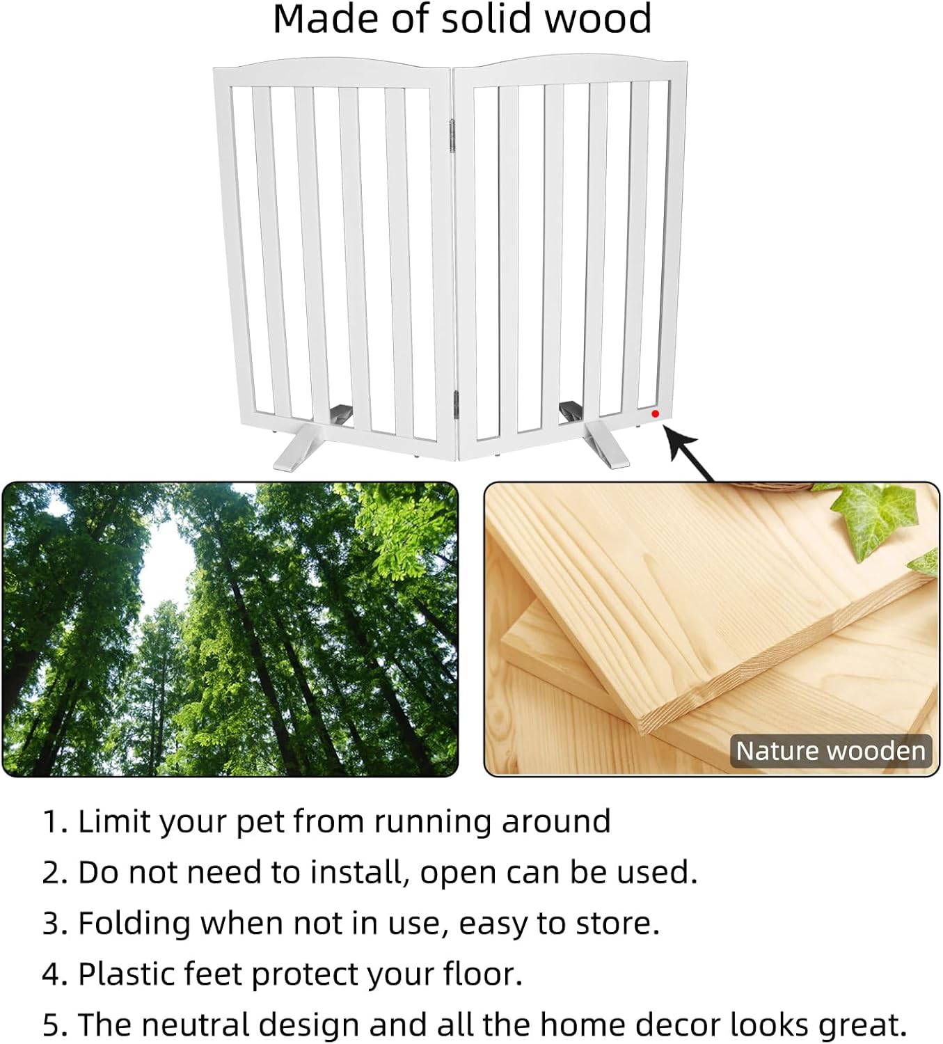 Freestanding Dog Gate Indoor,Doggie Gate Foldable Dog Gates for Doorways,Stairs or Hallways, Wooden White Pet Gate for the House, Pet Fence with Support Feet Included,24 "Height-4 Panels