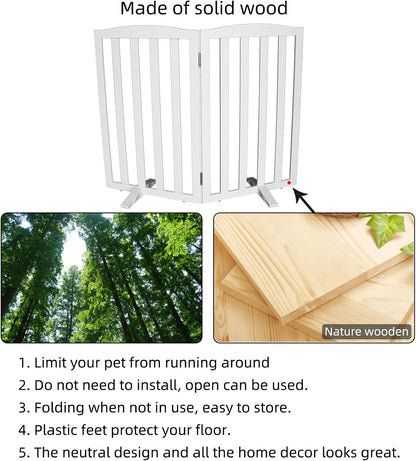 Freestanding Dog Gate Indoor,Doggie Gate Foldable Dog Gates for Doorways,Stairs or Hallways, Wooden White Pet Gate for the House, Pet Fence with Support Feet Included,24 "Height-4 Panels
