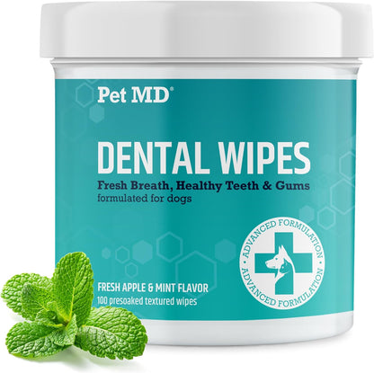 Pet MD Pet Dental Finger Wipes for Dogs - Plaque and Tartar Remover for Dogs to Improve Oral Care - Pet Teeth Cleaning Finger Wipes for Healthy Gums and Fresh Breath - Fresh Apple & Mint, 50ct