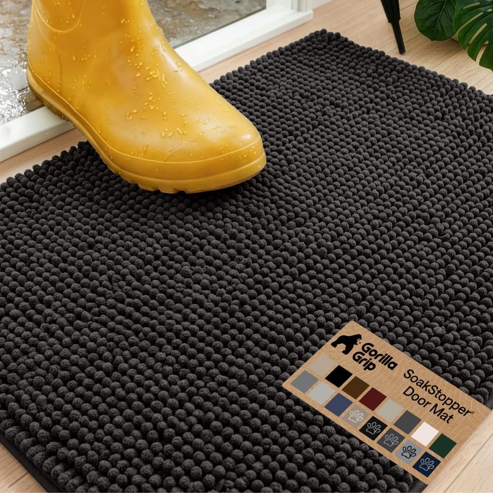 GORILLA GRIP SoakSTOPPER Dog Door Mat, 30x20 Machine Washable Rug Absorbent Doormat Captures Moisture Mud Dirt, Quick Dry Soft Chenille Entryway Rugs Indoor Entrance Mats for Dog Paws, Paw Grey