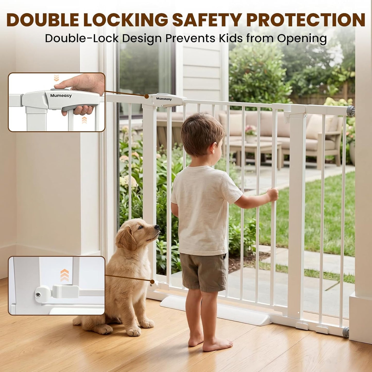 Mumeasy 29.7-46" Baby Gate for Stairs, Pressure Mounted Dog Gate for Doorways, Auto Close Walk Through Pet Gate Indoor, Extra Wide Metal Child Safety Gate, Mom's Choice Awards Winner, Black