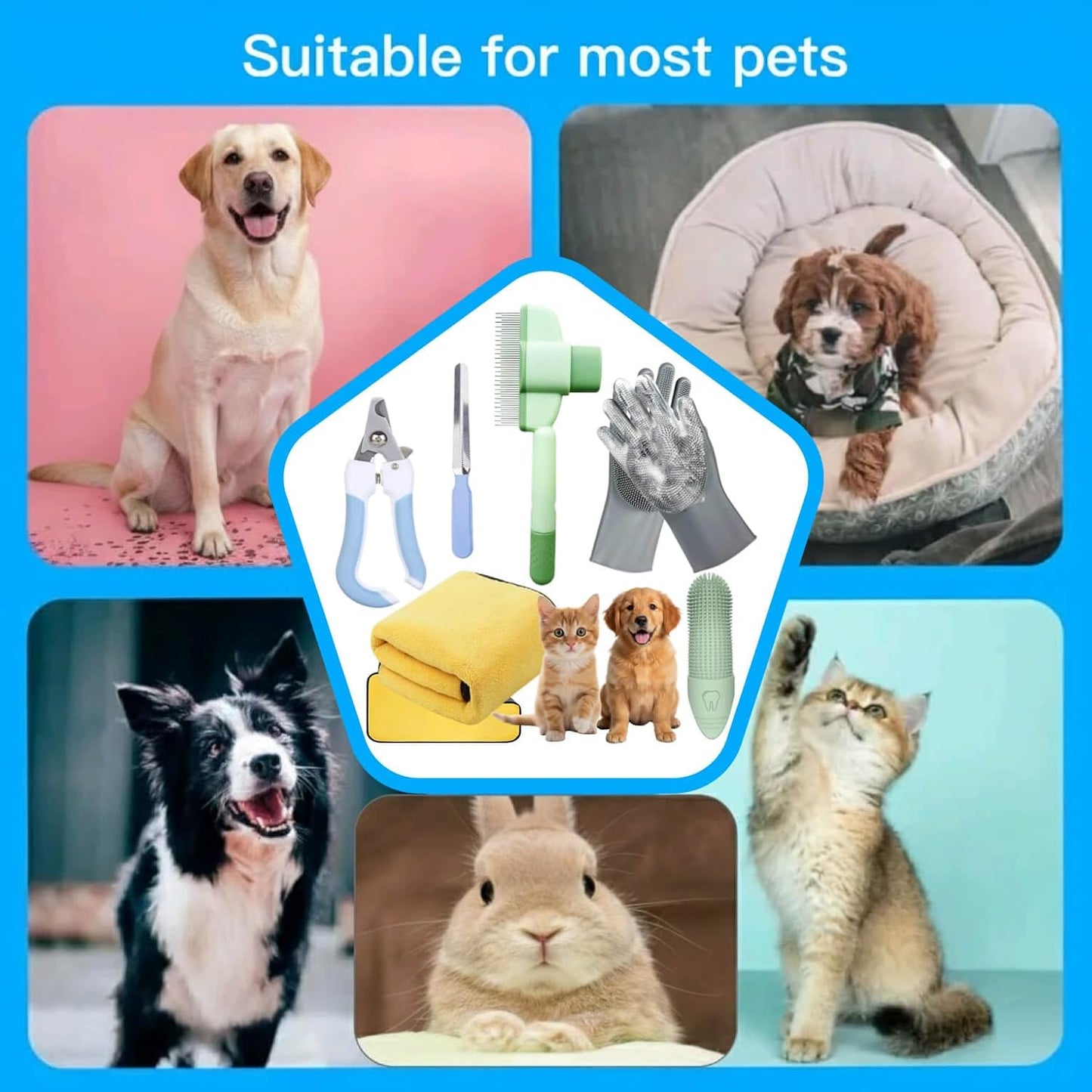 Cat Grooming Kit & Puppy Grooming Kit, Including Cat Washing Kit,Nail Clippers For Cats,Special Silicone Toothbrush,Dogs Washing Gloves, Puppy Quick-Drying Towel,Dog Flea Comb,Reusable.