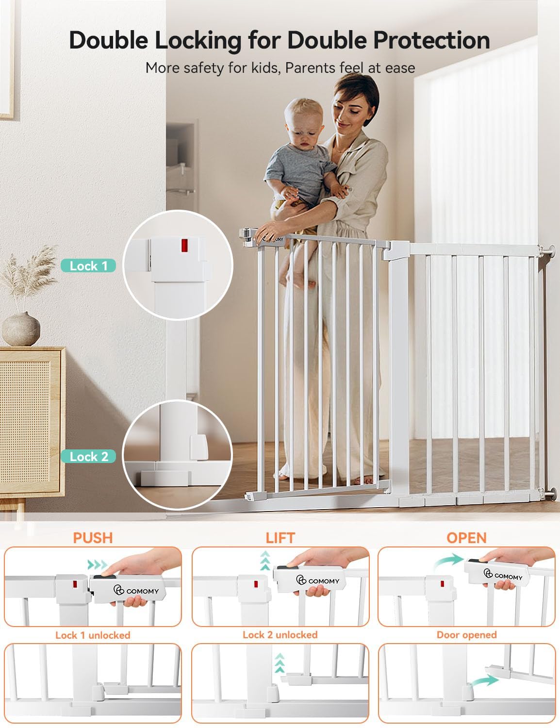 COMOMY 36" Extra Tall Baby Gate for Stairs and Doorways - Fits 29.5" to 48.8" Wide Openings, Auto Close Extra Wide Dog Gate for House, Pressure Mounted Easy Walk Through Pet With Door, Black