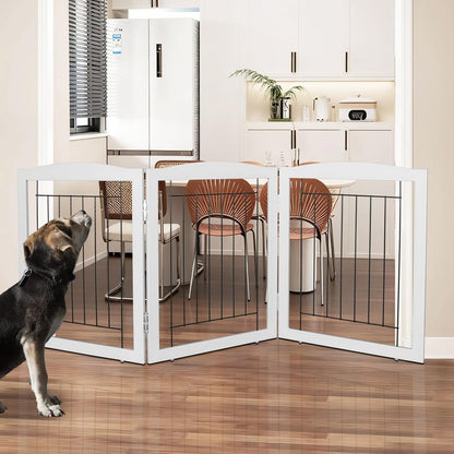 ZJSF Freestanding Foldable Dog Gate for House Extra Wide Wooden White Indoor Puppy Gate Stairs Doorways Pet Gate Tall Dog Fence 3 Panels Fence