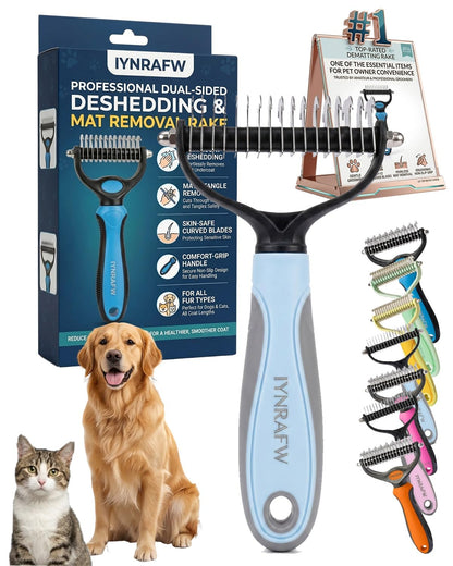 Pet Pro Grooming Tool Dual Tooth Pet Grooming Comb Undercoat Rake for Dogs Cats Long Hair Deshedding Tool Dematting Brush Double Sided Stainless Steel Teeth Remover Mats Tangles Loose Fur