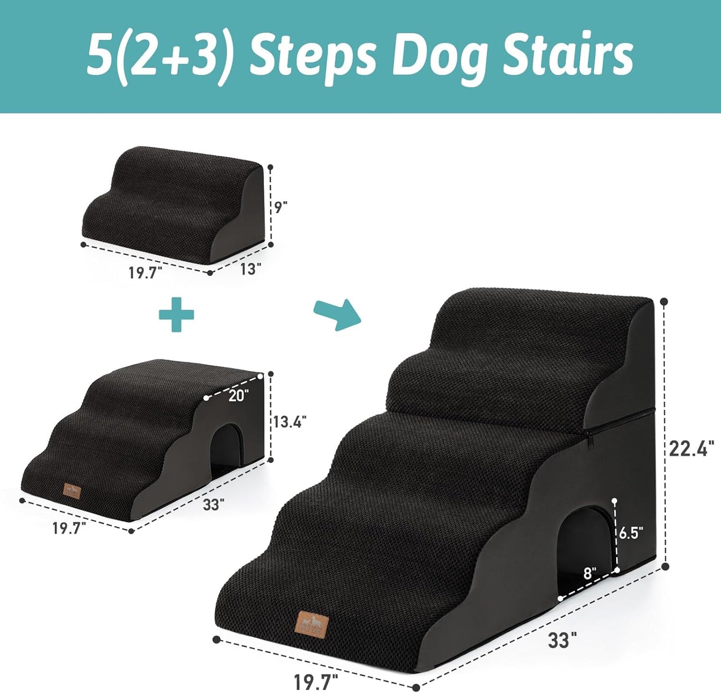 COZY KISS Extra Wide Dog Stairs with Tunnel, Foam Detachable Large Dog Step for Small Pet, Puppy or Cats, Medium Pet Ramp for High Bed, Couch, Sofa or Car, 19.7x33x22.4 inch, 5 Step, Beige